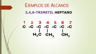 EJEMPLOS DE ALCANOS
3,4,6-TRIMETIL HEPTANO
 