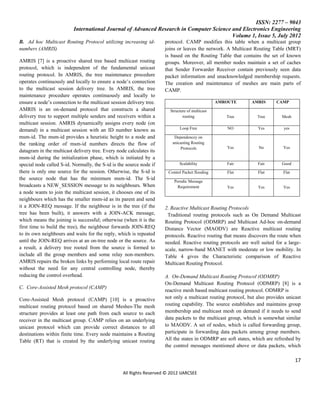 ISSN: 2277 – 9043
                          International Journal of Advanced Research in Computer Science and Electronics Engineering
                                                                                         Volume 1, Issue 5, July 2012
B. Ad hoc Multicast Routing Protocol utilizing increasing id-        protocol. CAMP modifies this table when a multicast group
numbers (AMRIS)                                                      joins or leaves the network. A Multicast Routing Table (MRT)
                                                                     is based on the Routing Table that contains the set of known
AMRIS [7] is a proactive shared tree based multicast routing         groups. Moreover, all member nodes maintain a set of caches
protocol, which is independent of the fundamental unicast            that Sender Forwarder Receiver contain previously seen data
routing protocol. In AMRIS, the tree maintenance procedure           packet information and unacknowledged membership requests.
operates continuously and locally to ensure a node’s connection      The creation and maintenance of meshes are main parts of
to the multicast session delivery tree. In AMRIS, the tree           CAMP.
maintenance procedure operates continuously and locally to
ensure a node’s connection to the multicast session delivery tree.                               AMROUTE     AMRIS       CAMP
AMRIS is an on-demand protocol that constructs a shared                 Structure of multicast
delivery tree to support multiple senders and receivers within a               routing              Tree        Tree        Mesh
multicast session. AMRIS dynamically assigns every node (on
demand) in a multicast session with an ID number known as                    Loop Free               NO         Yes          yes

msm-id. The msm-id provides a heuristic height to a node and              Dependencey on
the ranking order of msm-id numbers directs the flow of                  unicasting Routing
                                                                             Protocols              Yes          No         Yes
datagram in the multicast delivery tree. Every node calculates its
msm-id during the initialization phase, which is initiated by a
special node called S-id. Normally, the S-id is the source node if           Scalability            Fair        Fair        Good
there is only one source for the session. Otherwise, the S-id is       Comtol Packet flooding       Flat        Flat        Flat
the source node that has the minimum msm-id. The S-id                     Perodic Message
broadcasts a NEW_SESSION message to its neighbours. When                    Requirement             Yes         Yes         Yes
a node wants to join the multicast session, it chooses one of its
neighbours which has the smaller msm-id as its parent and send
it a JOIN-REQ message. If the neighbour is in the tree (if the       2. Reactive Multicast Routing Protocols
tree has been built), it answers with a JOIN-ACK message,             Traditional routing protocols such as On Demand Multicast
which means the joining is successful; otherwise (when it is the     Routing Protocol (ODMRP) and Multicast Ad-hoc on-demand
first time to build the tree), the neighbour forwards JOIN-REQ       Distance Vector (MAODV) are Reactive multicast routing
to its own neighbours and waits for the reply, which is repeated     protocols. Reactive routing that means discovers the route when
until the JOIN-REQ arrives at an on-tree node or the source. As      needed. Reactive routing protocols are well suited for a large-
a result, a delivery tree rooted from the source is formed to        scale, narrow-band MANET with moderate or low mobility. In
include all the group members and some relay non-members.            Table 4 gives the Characteristic comparison of Reactive
AMRIS repairs the broken links by performing local route repair      Multicast Routing Protocol.
without the need for any central controlling node, thereby
reducing the control overhead.                                       A. On-Demand Multicast Routing Protocol (ODMRP)
                                                                     On-Demand Multicast Routing Protocol (ODMRP) [8] is a
C. Core-Assisted Mesh protocol (CAMP)
                                                                     reactive mesh based multicast routing protocol. ODMRP is
Core-Assisted Mesh protocol (CAMP) [10] is a proactive               not only a multicast routing protocol, but also provides unicast
multicast routing protocol based on shared Meshes-The mesh           routing capability. The source establishes and maintains group
structure provides at least one path from each source to each        membership and multicast mesh on demand if it needs to send
receiver in the multicast group. CAMP relies on an underlying        data packets to the multicast group, which is somewhat similar
unicast protocol which can provide correct distances to all          to MAODV. A set of nodes, which is called forwarding group,
destinations within finite time. Every node maintains a Routing      participate in forwarding data packets among group members.
Table (RT) that is created by the underlying unicast routing         All the states in ODMRP are soft states, which are refreshed by
                                                                     the control messages mentioned above or data packets, which

                                                                                                                                   17

                                                  All Rights Reserved © 2012 IJARCSEE
 