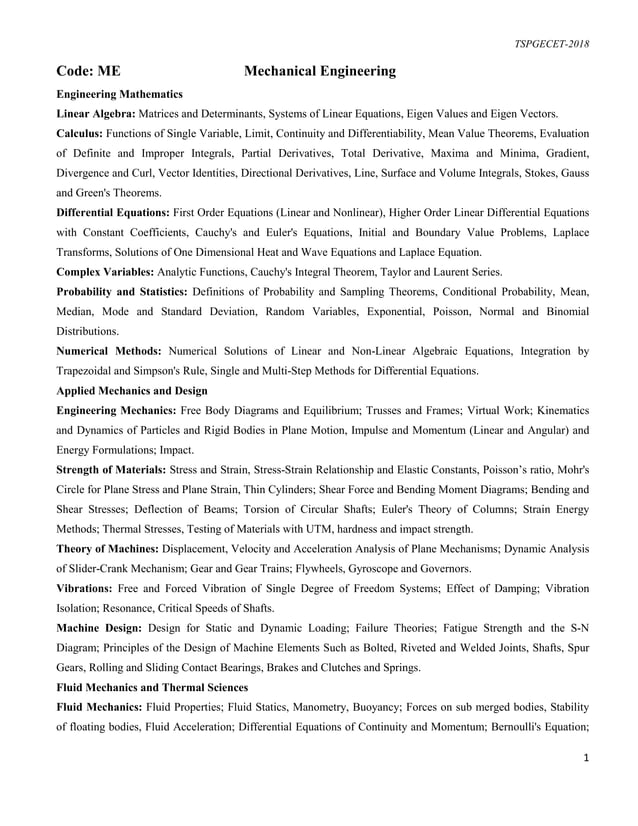 TS PGECET Mechanical 2018 Syllabus | PDF