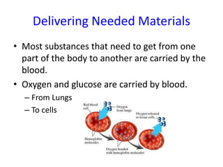 Delivering Needed Materials
• Most substances that need to get from one
part of the body to another are carried by the
blood.
• Oxygen and glucose are carried by blood.
– From Lungs
– To cells
 