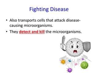 Fighting Disease
• Also transports cells that attack disease-
causing microorganisms.
• They detect and kill the microorganisms.
 