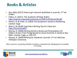 Books & Articles
• Day, Abby (2017) How to get research published in journals. 2nd ed.
Gower.
• Fallon, H. (2011). The Academic Writing Toolkit
http://eprints.maynoothuniversity.ie/1387/1/HFSconul20.pdf
• Kitchin, R. & Fuller, D. (2005) The Academic’s Guide to Publishing.
London: Sage
• Morris, W (2018) Superhero Writing Tips for Librarians
http://bit.ly/2zxwFIn
• Murray, R. (2006) Writing Articles, Books and Presentations IN
Gilbert, N (ed.) From Postgraduate to Social Scientist: A Guide to Key
Skills. London: Sage, p. 149-170
• Murray, R. (2009) Writing for Academic Journals. 2nd ed. McGraw
Hill/Open University
More resources on getting published including a comprehensive bibliography are available
on my blog
www.maynoothuniversity.ie/library
 