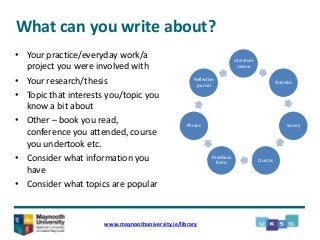 What can you write about?
• Your practice/everyday work/a
project you were involved with
• Your research/thesis
• Topic that interests you/topic you
know a bit about
• Other – book you read,
conference you attended, course
you undertook etc.
• Consider what information you
have
• Consider what topics are popular
www.maynoothuniversity.ie/library
Literature
review
Statistics
Survey
Quotes
Feedback
forms
Photos
Reflective
journal
 