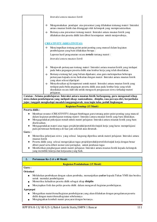 Rpp Ipa Kelas 9 Smp Bab 4 Listrik Statis