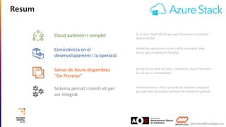 Resum
adncloud@mediapro.tv
Cloud autònom i complet
Consistència en el
desenvolupament i la operació
Servei de Azure dispon...