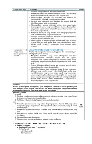 6. Pertemuan Ke-6 (3 x 35 menit ) Waktu
sistematis, mengungkapkan pendapat dengan sopan
2. Mempresentasikan hasil diskusi kelompok secara klasikal tentang
Menyelesaikan masalah yang berkaitan dengan balok .
3. Mengemukakan pendapat atas presentasi yang dilakukan dan
ditanggapi oleh kelompok yang mempresentasikan
4. Bertanya atas presentasi yang dilakukan dan peserta didik lain
diberi kesempatan untuk menjawabnya.
5. Menyimpulkan tentang point-point penting yang muncul dalam
kegiatan pembelajaran yang baru dilakukan berupa : Laporan hasil
pengamatan secara tertulis tentang Menyelesaikan masalah yang
berkaitan dengan balok.
6. Menjawab pertanyaan yang terdapat pada buku pegangan peserta
didik atau lembar kerja yang telah disediakan.
7. Bertanya tentang hal yang belum dipahami, atau guru melemparkan
beberapa pertanyaan kepada siswa.
8. Menyelesaikan uji kompetensi yang terdapat pada buku pegangan
peserta didik atau pada lembar lerja yang telah disediakan secara
individu untuk mengecek penguasaan siswa terhadap materi
pelajaran.
Menganalisa &
mengevaluasi
proses pemecahan
masalah
MENGASOSIASIKAN (HOTS: REFLEKTIF)
Peserta didik menganalisa masukan, tanggapan dan koreksi dari guru
terkait pembelajaran tentang:
1. Mengolah informasi yang sudah dikumpulkan dari hasil
kegiatan/pertemuan sebelumnya maupun hasil dari kegiatan
mengamati dan kegiatan mengumpulkan informasi yang sedang
berlangsung dengan bantuan pertanyaan-pertanyaan pada lembar
kerja.
2. Peserta didik mengerjakan beberapa soal mengenai Menyelesaikan
masalah yang berkaitan dengan balok.
3. Menambah keluasan dan kedalaman sampai kepada pengolahan
informasi yang bersifat mencari solusi dari berbagai sumber yang
memiliki pendapat yang berbeda sampai kepada yang bertentangan
untuk mengembangkan sikap jujur, teliti, disiplin, taat aturan, kerja
keras, kemampuan menerapkan prosedur dan kemampuan berpikir
induktif serta deduktif dalam membuktikan : Menyelesaikan
masalah yang berkaitan dengan balok.
Catatan :
Selama pembelajaran berlangsung, guru mengamati sikap siswa dalam pembelajaran
yang meliputi sikap: disiplin, rasa percaya diri, berperilaku jujur, tangguh menghadapi
masalah tanggungjawab, rasa ingin tahu, peduli lingkungan)
Kegiatan Penutup
Peserta didik :
1. Membuat rangkuman/simpulan pelajaran.tentang point-point penting yang muncul dalam
kegiatan pembelajaran yang baru dilakukan.
2. Melakukan refleksi terhadap kegiatan yang sudah dilaksanakan.
Guru :
1. Memeriksa pekerjaan siswa yang selesai langsung diperiksa. Peserta didik yang selesai
mengerjakan projek dengan benar diberi paraf serta diberi nomor urut peringkat, untuk
penilaian projek.
2. Memberikan penghargaan kepada kelompok yang memiliki kinerja dan kerjasama yang
baik
3. Merencanakan kegiatan tindak lanjut dalam bentuk tugas kelompok/ perseorangan (jika
diperlukan).
4. Mengagendakan pekerjaan rumah.
5. Menyampaikan rencana pembelajaran pada pertemuan berikutnya
15
menit
F. PENILAIAN, PEMBELAJARAN REMEDIAL DAN PENGAYAAN
1. Teknik Penilaian
a. Penilaian Kompetensi Pengetahuan
1) Tes Tertulis
a) Pilihan ganda
b) Uraian/esai
 