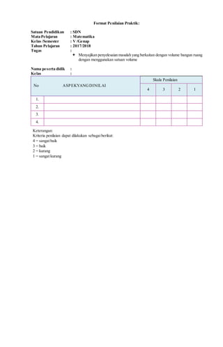 Format Penilaian Praktik:
Satuan Pendidikan : SDN
Mata Pelajaran : Matematika
Kelas /Semester : V /Genap
Tahun Pelajaran : 2017/2018
Tugas :
 Menyajikan penyelesaian masalah yang berkaitan dengan volume bangun ruang
dengan menggunakan satuan volume
Nama peserta didik :
Kelas :
No ASPEKYANGDINILAI
Skala Penilaian
4 3 2 1
1.
2.
3.
4.
Keterangan:
Kriteria penilaian dapat dilakukan sebagaiberikut:
4 = sangat baik
3 = baik
2 = kurang
1 = sangat kurang
 