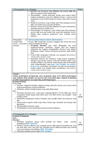 2. Pertemuan Ke-2 (3 x 35 menit ) Waktu
4. Bertanya atas presentasi yang dilakukan dan peserta didik lain
diberi kesempatan untuk menjawabnya.
5. Menyimpulkan tentang point-point penting yang muncul dalam
kegiatan pembelajaran yang baru dilakukan berupa : Laporan hasil
pengamatan secara tertulis tentang Menentukan volume kubusdengan
rumus.
6. Menjawab pertanyaan yang terdapat pada buku pegangan peserta
didik atau lembar kerja yang telah disediakan.
7. Bertanya tentang hal yang belum dipahami, atau guru melemparkan
beberapa pertanyaan kepada siswa.
8. Menyelesaikan uji kompetensi yang terdapat pada buku pegangan
peserta didik atau pada lembar lerja yang telah disediakan secara
individu untuk mengecek penguasaan siswa terhadap materi
pelajaran.
Menganalisa &
mengevaluasi
proses pemecahan
masalah
MENGASOSIASIKAN (HOTS: REFLEKTIF)
Peserta didik menganalisa masukan, tanggapan dan koreksi dari guru
terkait pembelajaran tentang:
1. Mengolah informasi yang sudah dikumpulkan dari hasil
kegiatan/pertemuan sebelumnya maupun hasil dari kegiatan
mengamati dan kegiatan mengumpulkan informasi yang sedang
berlangsung dengan bantuan pertanyaan-pertanyaan pada lembar
kerja.
2. Peserta didik mengerjakan beberapa soal mengenai Menentukan
volume kubus dengan rumus.
3. Menambah keluasan dan kedalaman sampai kepada pengolahan
informasi yang bersifat mencari solusi dari berbagai sumber yang
memiliki pendapat yang berbeda sampai kepada yang bertentangan
untuk mengembangkan sikap jujur, teliti, disiplin, taat aturan,
kerja keras, kemampuan menerapkan prosedur dan kemampuan
berpikir induktif serta deduktif dalam membuktikan: Menentukan
volume kubus dengan rumus.
Catatan :
Selama pembelajaran berlangsung, guru mengamati sikap siswa dalam pembelajaran
yang meliputi sikap: disiplin, rasa percaya diri, berperilaku jujur, tangguh menghadapi
masalah tanggungjawab, rasa ingin tahu, peduli lingkungan)
Kegiatan Penutup
Peserta didik :
1. Membuat rangkuman/simpulan pelajaran.tentang point-point penting yang muncul dalam
kegiatan pembelajaran yang baru dilakukan.
2. Melakukan refleksi terhadap kegiatan yang sudah dilaksanakan.
Guru :
1. Memeriksa pekerjaan siswa yang selesai langsung diperiksa. Peserta didik yang selesai
mengerjakan projek dengan benar diberi paraf serta diberi nomor urut peringkat, untuk
penilaian projek.
2. Memberikan penghargaan kepada kelompok yang memiliki kinerja dan kerjasama yang
baik
3. Merencanakan kegiatan tindak lanjut dalam bentuk tugas kelompok/ perseorangan (jika
diperlukan).
4. Mengagendakan pekerjaan rumah.
5. Menyampaikan rencana pembelajaran pada pertemuan berikutnya.
15
menit
3. Pertemuan Ke-3 (3 x 35 menit ) Waktu
Kegiatan Pendahuluan
Guru :
Orientasi
1. Melakukan pembukaan dengan salam pembuka dan berdoa untuk memulai
pembelajaran(PPK: Spiritual)
2. Sebelum memulai pelajaran, guru mengajak peserta didik untuk bernyanyibersama yang
ada pada buku siswa, guru juga bisa mengajak peserta didikmenyanyikan lagu nasional
yang sesuai dengan tema pelajaran.(PPK: Nasionalis)
3. Memeriksa kehadiran peserta didik (PPK: Disiplin).
15
menit
 