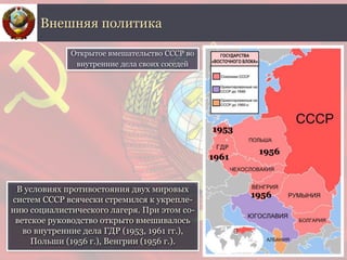 В условиях противостояния двух мировых
систем СССР всячески стремился к укрепле-
нию социалистического лагеря. При этом со-
ветское руководство открыто вмешивалось
во внутренние дела ГДР (1953, 1961 гг.),
Польши (1956 г.), Венгрии (1956 г.).
Внешняя политика
Открытое вмешательство СССР во
внутренние дела своих соседей
1956
1953
1961
1956
 