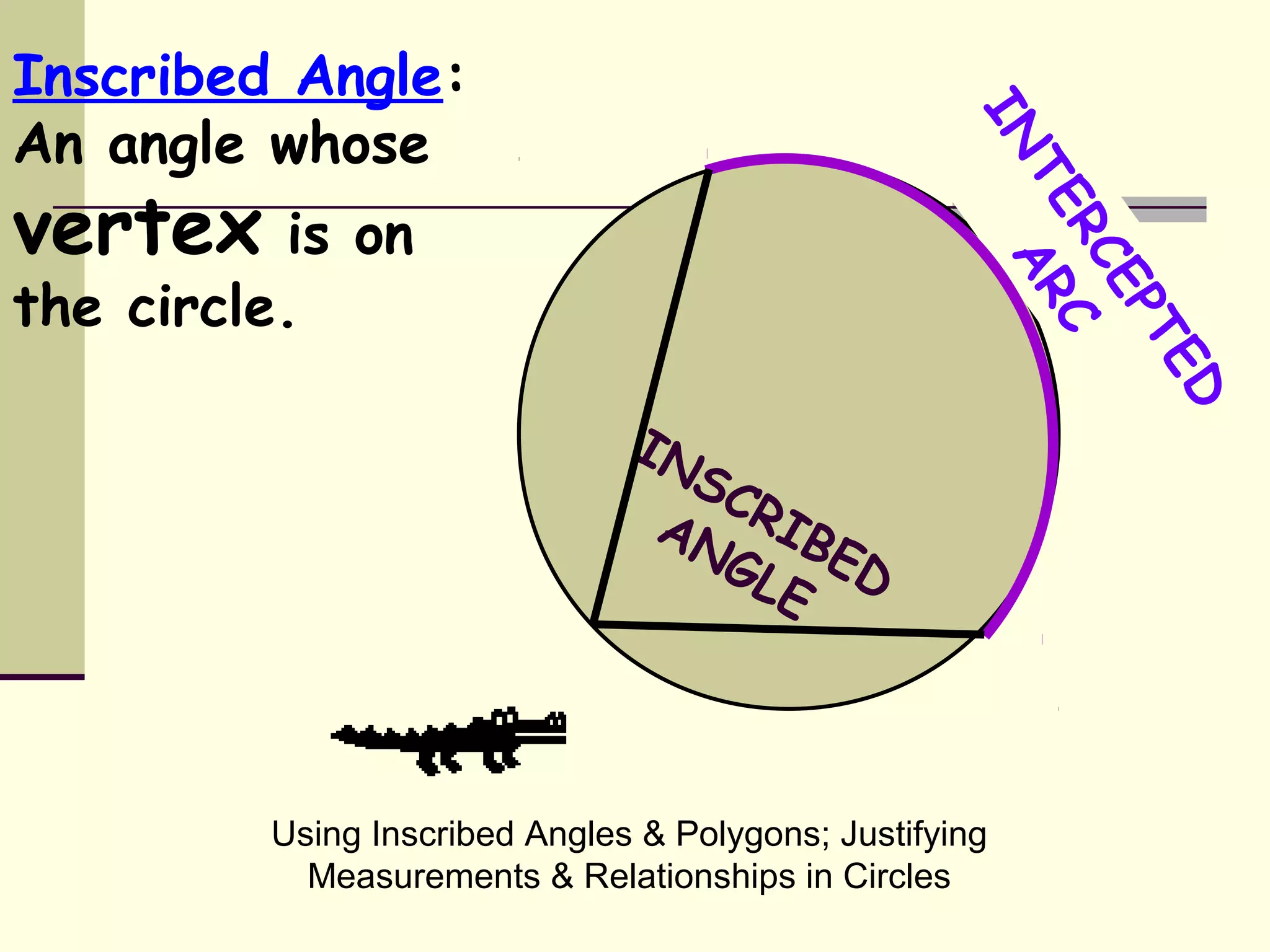 Using Inscribed Angles & Polygons; Justifying
Measurements & Relationships in Circles
Inscribed Angle:
An angle whose
vertex is on
the circle.
INSCRIBED
ANGLE
INTERCEPTED
ARC
 