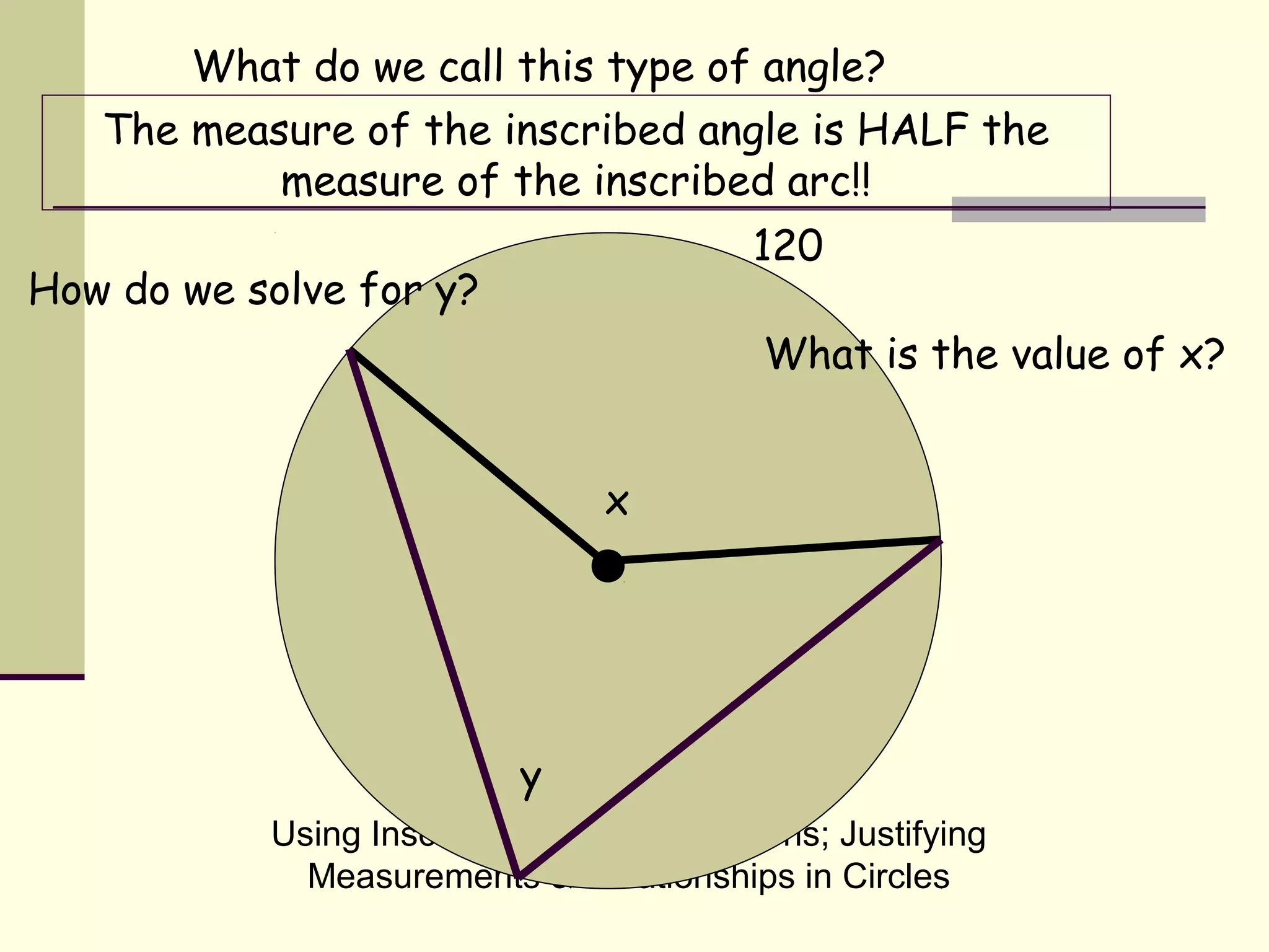Using Inscribed Angles & Polygons; Justifying
Measurements & Relationships in Circles
120
x
What do we call this type of angle?
What is the value of x?
y
How do we solve for y?
The measure of the inscribed angle is HALF the
measure of the inscribed arc!!
 