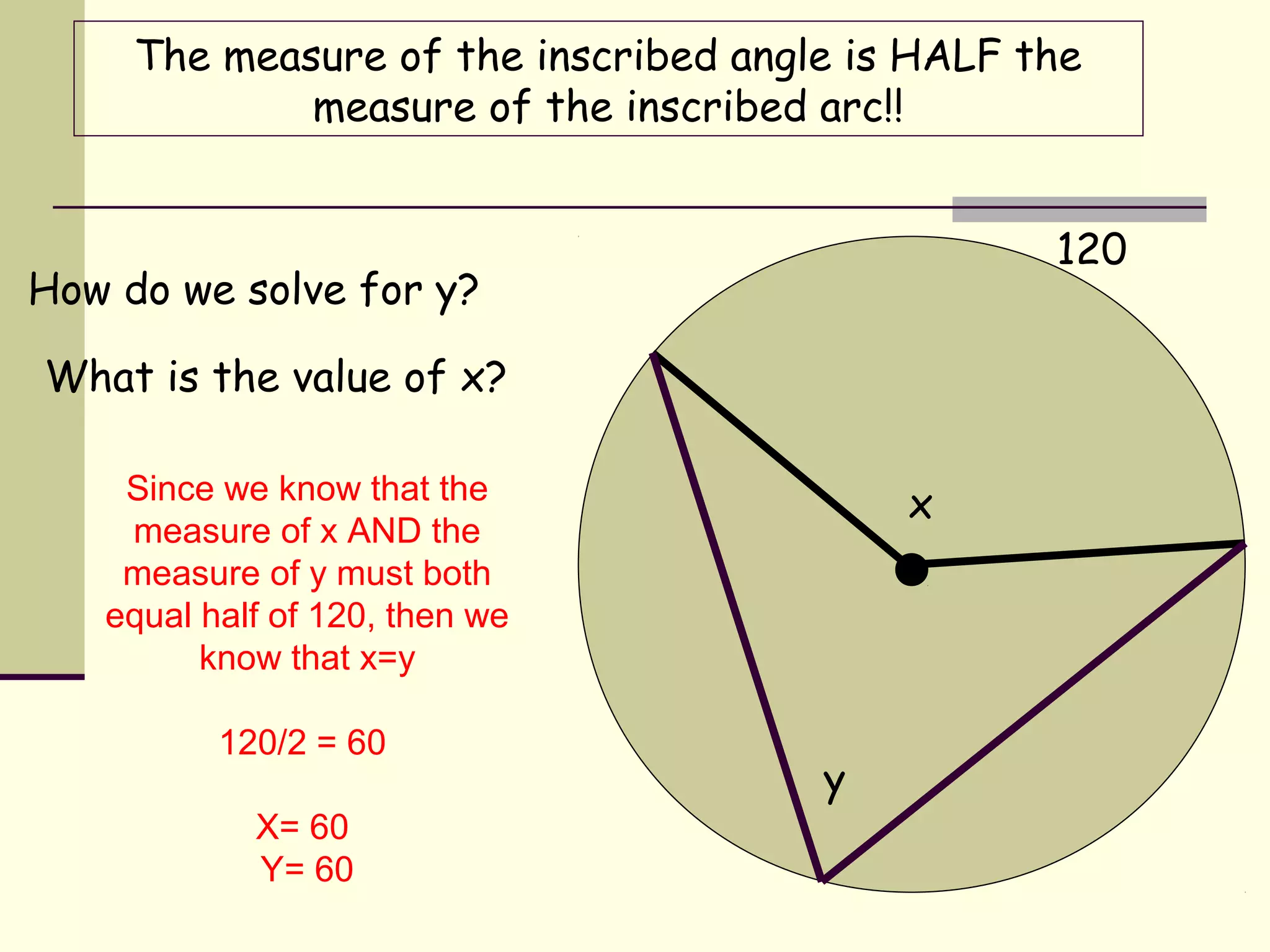 120
x
What is the value of x?
y
How do we solve for y?
The measure of the inscribed angle is HALF the
measure of the inscribed arc!!
Since we know that the
measure of x AND the
measure of y must both
equal half of 120, then we
know that x=y
120/2 = 60
X= 60
Y= 60
 