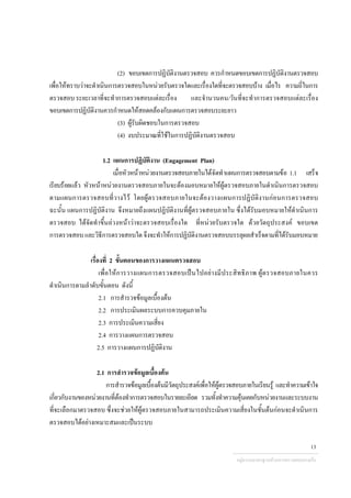 (2) ขอบเขตการปฏิบัติงานตรวจสอบ ควรกําหนดขอบเขตการปฏิบัติงานตรวจสอบ
เพื่อใหทราบวาจะดําเนินการตรวจสอบในหนวยรับตรวจใดและเรื่องใดที่จะตรวจสอบบาง เมื่อไร ความถี่ในการ
ตรวจสอบ ระยะเวลาที่จะทําการตรวจสอบแตละเรื่อง และจํานวนคน/วันที่จะทําการตรวจสอบแตละเรื่อง
ขอบเขตการปฏิบัติงานควรกําหนดใหสอดคลองกับแผนการตรวจสอบระยะยาว
(3) ผูรับผิดชอบในการตรวจสอบ
(4) งบประมาณที่ใชในการปฏิบัติงานตรวจสอบ
1.2 แผนการปฏิบัติงาน (Engagement Plan)
เมื่อหัวหนาหนวยงานตรวจสอบภายในไดจัดทําแผนการตรวจสอบตามขอ 1.1 เสร็จ
เรียบรอยแลว หัวหนาหนวยงานตรวจสอบภายในจะตองมอบหมายใหผูตรวจสอบภายในดําเนินการตรวจสอบ
ตามแผนการตรวจสอบที่วางไว โดยผูตรวจสอบภายในจะตองวางแผนการปฏิบัติงานกอนการตรวจสอบ
ฉะนั้น แผนการปฏิบัติงาน จึงหมายถึงแผนปฏิบัติงานที่ผูตรวจสอบภายใน ซึ่งไดรับมอบหมายใหดําเนินการ
ตรวจสอบ ไดจัดทําขึ้นลวงหนาวาจะตรวจสอบเรื่องใด ที่หนวยรับตรวจใด ดวยวัตถุประสงค ขอบเขต
การตรวจสอบและวิธีการตรวจสอบใด จึงจะทําใหการปฏิบัติงานตรวจสอบบรรลุผลสําเร็จตามที่ไดรับมอบหมาย
เรื่องที่ 2 ขั้นตอนของการวางแผนตรวจสอบ
เพื่อใหการวางแผนการตรวจสอบเปนไปอยางมีประสิทธิภาพ ผูตรวจสอบภายในควร
ดําเนินการตามลําดับขั้นตอน ดังนี้
2.1 การสํารวจขอมูลเบื้องตน
2.2 การประเมินผลระบบการควบคุมภายใน
2.3 การประเมินความเสี่ยง
2.4 การวางแผนการตรวจสอบ
2.5 การวางแผนการปฏิบัติงาน
2.1 การสํารวจขอมูลเบื้องตน
การสํารวจขอมูลเบื้องตนมีวัตถุประสงคเพื่อใหผูตรวจสอบภายในเรียนรู และทําความเขาใจ
เกี่ยวกับงานของหนวยงานที่ตองทําการตรวจสอบในรายละเอียด รวมทั้งทําความคุนเคยกับหนวยงานและระบบงาน
ที่จะเลือกมาตรวจสอบ ซึ่งจะชวยใหผูตรวจสอบภายในสามารถประเมินความเสี่ยงในชั้นตนกอนจะดําเนินการ
ตรวจสอบไดอยางเหมาะสมและเปนระบบ
กลุมงานมาตรฐานดานการตรวจสอบภายใน
13
 