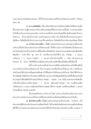 ตามความเหมาะสมกับศักยภาพของตน ทั้งนี้ ไมวาจะประเมินความเสี่ยงในระดับใดจะประกอบดวย 3 ขั้นตอน
หลัก ๆ คือ
(1) การระบุปจจัยเสี่ยง เปนการคนหาถึงสถานการณหรือสาเหตุที่จะกอใหเกิดความเสี่ยง
ขึ้นภายในองคกร โดยผูตรวจสอบภายในอาจพิจารณาขอมูลที่ไดจากการสํารวจเบื้องตน จากสภาพแวดลอม
ทั่วไปทั้งภายในและภายนอกขององคกร และนํามาแยกเปนประเภทของขอมูลที่เกี่ยวกับดานกลยุทธ ดานการ
ดําเนินงาน ดานความรู ดานการเงิน และดานกฎหมาย ระเบียบ เชน ปจจัยเสี่ยงเรื่องของแผนและผลการ
ปฏิบัติงาน ปจจัยเสี่ยงเกี่ยวกับกระบวนการและวิธีการดําเนินงาน ปจจัยเสี่ยงเรื่องการจัดการฐานขอมูล เปนตน
(2) การวิเคราะหความเสี่ยง เมื่อผูตรวจสอบภายในสามารถระบุสาเหตุความเสี่ยงภายใน
องคกรวาเปนเรื่องใดในระดับหนวยงานหรือกิจกรรมแลว ก็ใหทําการวิเคราะหวาปจจัยเสี่ยงนั้นมีผลกระทบ
อยางไรตอองคกรและมีโอกาสหรือความถี่ที่จะเกิดมากนอยเพียงใด โดยอาจกําหนดเกณฑของแตละปจจัยเสี่ยง
ที่พบเปน 3 ระดับ ไดแก สูง กลาง ต่ํา และใหคะแนนกํากับไวดวย เชน ระดับสูง = 3 คะแนน
ระดับกลาง = 2 คะแนน ระดับต่ํา = 1 คะแนน หรืออาจกําหนดเปน 5 ระดับ เชน สูงมาก สูง
ปานกลาง ต่ํา ต่ํามาก เพื่อใหไดคะแนนที่สามารถวิเคราะหความเสี่ยงไดละเอียดเพิ่มมากขึ้นก็ยอมได
ทั้งนี้ การวิเคราะหความเสี่ยงนี้ ผลกระทบที่เกิดอาจเทียบกับจํานวนเงินที่ตองเสียไป
จากการดําเนินงานไมบรรลุวัตถุประสงค หรือการระบุผลกระทบเปนปริมาณหรือตัวเลข เชน การจัดทําแผน
กอสรางถนนไมมีการสํารวจขอมูลอยางเพียงพอ ทําใหมีอุปสรรคในขั้นตอนการดําเนินงาน เสียคาใชจายในการ
สํารวจเพิ่มเติม ซึ่งเมื่อวิเคราะหรวมกับความถี่ที่จะเกิด และจากการเก็บขอมูลสถิติแลวพบวาเกิดขึ้นเปนประจําทุกป
จํานวนเงินคาใชจายที่เสียไปในแตละครั้งตั้งแต 500,000 – 100,000 บาท ดังนั้น อาจกําหนดวาปจจัยเสี่ยง
ในเรื่องนี้หากอยูในความเสี่ยงระดับสูง = 3 คะแนน อยูในเกณฑ 500,000 บาท หากเปนความเสี่ยง
ระดับปานกลาง=2 คะแนน จะอยูในเกณฑนอยกวา500,000 ไมต่ํากวา 100,000 และเปนความเสี่ยงต่ํา=1 คะแนน
ในเกณฑตั้งแต 100,000 บาทลงไป
ขั้นตอนสุดทายของการวิเคราะห ผูตรวจสอบภายในตองสรุปในภาพรวมของ
สวนราชการวาแตละหนวยงานหรือกิจกรรมที่เลือกประเมินมีความเสี่ยงโดยเฉลี่ยดวยคะแนนเทาใดบาง
(3) จัดลําดับความเสี่ยง เมื่อผูตรวจสอบภายในทราบแลววาในแตละ หนวยงาน หรือ
กิจกรรมตามที่เลือกประเมินมีคะแนนความเสี่ยงเทาใดแลว ใหนํามาจัดเรียงลําดับจากคะแนนมากสุดไปหานอยสุด
เพื่อใชในการวางแผนการตรวจสอบระยะยาวและประจําปตอไป(ตัวอยางผลการประเมินความเสี่ยง ภาคผนวก 1)
กลุมงานมาตรฐานดานการตรวจสอบภายใน
16
 