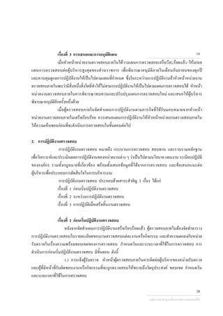 เรื่องที่ 3 การเสนอและการอนุมัติแผน
เมื่อหัวหนาหนวยงานตรวจสอบภายในไดวางแผนการตรวจสอบเสร็จเรียบรอยแลว ใหเสนอ
แผนการตรวจสอบตอผูบริหารสูงสุดของสวนราชการ เพื่อพิจารณาอนุมัติภายในเดือนกันยายนของทุกป
และควบคุมดูแลการปฏิบัติงานใหเปนไปตามแผนที่กําหนด ซึ่งในระหวางการปฏิบัติงานถาหัวหนาหนวยงาน
ตรวจสอบภายในพบวามีสิ่งหนึ่งสิ่งใดที่ทําใหไมสามารถปฏิบัติงานใหเปนไปตามแผนการตรวจสอบได หัวหนา
หนวยงานตรวจสอบภายในควรพิจารณาทบทวนและปรับปรุงแผนการตรวจสอบใหม และเสนอใหผูบริหาร
พิจารณาอนุมัติอีกครั้งหนึ่งดวย
เมื่อผูตรวจสอบภายในจัดทําแผนการปฏิบัติงานตามภารกิจที่ไดรับมอบหมายจากหัวหนา
หนวยงานตรวจสอบภายในเสร็จเรียบรอย ควรเสนอแผนการปฏิบัติงานใหหัวหนาหนวยงานตรวจสอบภายใน
ใหความเห็นชอบกอนที่จะดําเนินการตรวจสอบในขั้นตอนตอไป
2. การปฏิบัติงานตรวจสอบ
การปฏิบัติงานตรวจสอบ หมายถึง กระบวนการตรวจสอบ สอบทาน และรวบรวมหลักฐาน
เพื่อวิเคราะหและประเมินผลการปฏิบัติงานของหนวยงานตาง ๆ วาเปนไปตามนโยบาย แผนงาน ระเบียบปฏิบัติ
ขององคกร รวมทั้งกฎหมายที่เกี่ยวของ พรอมทั้งเสนอขอมูลที่ไดจากการตรวจสอบ และขอเสนอแนะตอ
ผูบริหารเพื่อประกอบการตัดสินใจในการบริหารงาน
การปฏิบัติงานตรวจสอบ ประกอบดวยสาระสําคัญ 3 เรื่อง ไดแก
เรื่องที่ 1 กอนเริ่มปฏิบัติงานตรวจสอบ
เรื่องที่ 2 ระหวางการปฏิบัติงานตรวจสอบ
เรื่องที่ 3 การปฏิบัติเมื่อเสร็จสิ้นงานตรวจสอบ
เรื่องที่ 1 กอนเริ่มปฏิบัติงานตรวจสอบ
หลังจากจัดทําแผนการปฏิบัติงานเสร็จเรียบรอยแลว ผูตรวจสอบภายในตองจัดทําตาราง
การปฏิบัติงานตรวจสอบในรายละเอียดของงานตรวจสอบแตละงานหรือกิจกรรม และทําความตกลงกับหนวย
รับตรวจในเรื่องความพรอมขอบเขตของการตรวจสอบ กําหนดวันและระยะเวลาที่ใชในการตรวจสอบ การ
ดําเนินการกอนเริ่มปฏิบัติงานตรวจสอบ มีขั้นตอน ดังนี้
1.1 การแจงผูรับตรวจ หัวหนาผูตรวจสอบภายในควรติดตอผูบริหารของหนวยรับตรวจ
และผูที่มีหนาที่รับผิดชอบงานหรือกิจกรรมที่จะถูกตรวจสอบใหทราบถึงวัตถุประสงค ขอบเขต กําหนดวัน
และระยะเวลาที่ใชในการตรวจสอบ
กลุมงานมาตรฐานดานการตรวจสอบภายใน
19
กลุมงานมาตรฐานดานการตรวจสอบภายใน
20
 