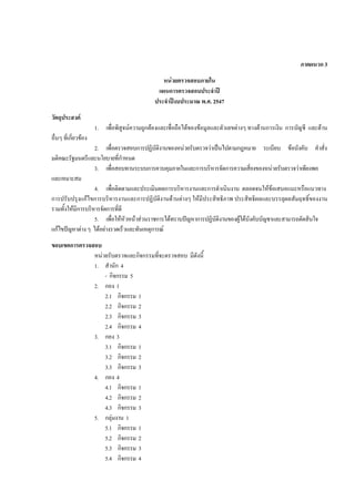 ภาคผนวก 3
หนวยตรวจสอบภายใน
แผนการตรวจสอบประจําป
ประจําปงบประมาณ พ.ศ. 2547
วัตถุประสงค
1. เพื่อพิสูจนความถูกตองและเชื่อถือไดของขอมูลและตัวเลขตางๆ ทางดานการเงิน การบัญชี และดาน
อื่นๆ ที่เกี่ยวของ
2. เพื่อตรวจสอบการปฏิบัติงานของหนวยรับตรวจวาเปนไปตามกฎหมาย ระเบียบ ขอบังคับ คําสั่ง
มติคณะรัฐมนตรีและนโยบายที่กําหนด
3. เพื่อสอบทานระบบการควบคุมภายในและการบริหารจัดการความเสี่ยงของหนวยรับตรวจวาเพียงพอ
และเหมาะสม
4. เพื่อติดตามและประเมินผลการบริหารงานและการดําเนินงาน ตลอดจนใหขอเสนอแนะหรือแนวทาง
การปรับปรุงแกไขการบริหารงานและการปฏิบัติงานดานตางๆ ใหมีประสิทธิภาพ ประสิทธิผลและบรรลุผลสัมฤทธิ์ของงาน
รวมทั้งใหมีการบริหารจัดการที่ดี
5. เพื่อใหหัวหนาสวนราชการไดทราบปญหาการปฏิบัติงานของผูใตบังคับบัญชาและสามารถตัดสินใจ
แกไขปญหาตางๆ ไดอยางรวดเร็วและทันเหตุการณ
ขอบเขตการตรวจสอบ
หนวยรับตรวจและกิจกรรมที่จะตรวจสอบ มีดังนี้
1. สํานัก 4
- กิจกรรม 5
2. กอง 1
2.1 กิจกรรม 1
2.2 กิจกรรม 2
2.3 กิจกรรม 3
2.4 กิจกรรม 4
3. กอง 3
3.1 กิจกรรม 1
3.2 กิจกรรม 2
3.3 กิจกรรม 3
4. กอง 4
4.1 กิจกรรม 1
4.2 กิจกรรม 2
4.3 กิจกรรม 3
5. กลุมงาน 1
5.1 กิจกรรม 1
5.2 กิจกรรม 2
5.3 กิจกรรม 3
5.4 กิจกรรม 4
 