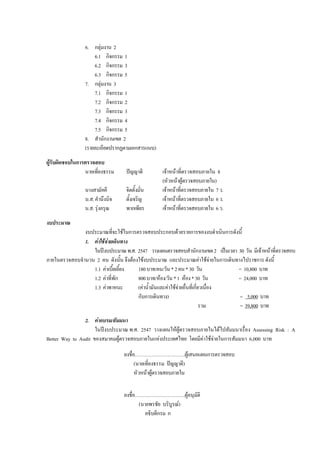 6. กลุมงาน 2
6.1 กิจกรรม 1
6.2 กิจกรรม 3
6.3 กิจกรรม 5
7. กลุมงาน 3
7.1 กิจกรรม 1
7.2 กิจกรรม 2
7.3 กิจกรรม 3
7.4 กิจกรรม 4
7.5 กิจกรรม 5
8. สํานักงานเขต 2
(รายละเอียดปรากฏตามเอกสารแนบ)
ผูรับผิดชอบในการตรวจสอบ
นายเที่ยงธรรม ปญญาดี เจาหนาที่ตรวจสอบภายใน 8
(หัวหนาผูตรวจสอบภายใน)
นางสามัคคี จิตตั้งมั่น เจาหนาที่ตรวจสอบภายใน 7ว.
น.ส.คํานึงนิจ ตั้งเจริญ เจาหนาที่ตรวจสอบภายใน 6ว.
น.ส.รุงอรุณ พากเพียร เจาหนาที่ตรวจสอบภายใน 6ว.
งบประมาณ
งบประมาณที่จะใชในการตรวจสอบประกอบดวยรายการของงบดําเนินการดังนี้
1. คาใชจายเดินทาง
ในปงบประมาณพ.ศ. 2547 วางแผนตรวจสอบสํานักงานเขต2 เปนเวลา 30 วัน มีเจาหนาที่ตรวจสอบ
ภายในตรวจสอบจํานวน 2 คน ดังนั้น จึงตองใชงบประมาณ และประมาณคาใชจายในการเดินทางไปราชการ ดังนี้
1.1 คาเบี้ยเลี้ยง 180บาท/คน/วัน*2คน*30 วัน = 10,800 บาท
1.2 คาที่พัก 800บาท/หอง/วัน*1 หอง*30 วัน = 24,000 บาท
1.3 คาพาหนะ (คาน้ํามันและคาใชจายอื่นที่เกี่ยวเนื่อง
กับการเดินทาง) = 5,000 บาท
รวม = 39,800 บาท
2. คาอบรม/สัมมนา
ในปงบประมาณ พ.ศ. 2547 วางแผนใหผูตรวจสอบภายในไดไปสัมมนาเรื่อง Assessing Risk : A
Better Way to Audit ของสมาคมผูตรวจสอบภายในแหงประเทศไทย โดยมีคาใชจายในการสัมมนา 6,000 บาท
ลงชื่อ………………………….ผูเสนอแผนการตรวจสอบ
(นายเที่ยงธรรม ปญญาดี)
หัวหนาผูตรวจสอบภายใน
ลงชื่อ………………………….ผูอนุมัติ
(นายพรชัย บริบูรณ)
อธิบดีกรม ก
 