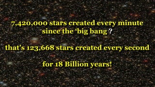 7,420,000 stars created every minute
since the ‘big bang ?
that’s 123,668 stars created every second
for 18 Billion years!
 