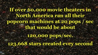 If over 60,000 movie theaters in
North America ran all their
popcorn machines at 20 pops / sec
that would be about
120,000 pops/sec.
123,668 stars created evey second
 