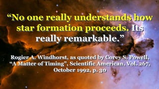 “No one really understands how
star formation proceeds. Its
really remarkable.”
Rogier A. Windhorst, as quoted by Corey S. Powell,
“A Matter of Timing”, Scientific American, Vol. 267,
October 1992, p. 30
 