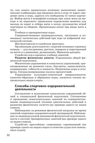 52
не, как занять правильную позицию; выполнение защит-
никами комбинации при введении мяча в игру от ворот; вве-
дение мяча в игру, адресуя его свободному от опеки партне-
ру. Выбор места в штрафной площади при ловле мяча на вы-
ходе и на перехвате; правильное определение момента для
выхода из ворот и отбора мяча в ногах; руководство игрой
партнеров по обороне. Организация атаки при вводе мяча в
игру.
Учебные и тренировочные игры.
Совершенствование индивидуальных, групповых и ко-
мандных тактических действий при игре по избранной так-
тической системе.
Инструкторская и судейская практика.
Организация деятельности с подачей основных строевых
команд — для построения, расчета, поворота и перестроений
на месте и в движении, размыкании. Принятие рапорта.
Судейство игр в процессе учебных занятий.
Развитие физических качеств. Упражнения общей фи-
зической подготовки.
Физические упражнения и комплексы упражнений, ори-
ентированные на развитие силы, быстроты, выносливости,
координации, гибкости и ловкости. Подвижные игры и эста-
феты. Специализированные полосы препятствий.
Упражнения культурно-этнической направленности:
сюжетно-образные и обрядовые игры, элементы техник на-
циональных видов спорта.
Способы спортивно-оздоровительной
деятельности
Составление и выполнение комплексов упражнений об-
щей и специальной физической подготовки. Составление
и проведение самостоятельных занятий по совершенство-
ванию индивидуальной техники двигательных действий и
развитию физических качеств (на примере одного из видов
спорта).
Наблюдение за режимом физической нагрузки во время
занятий спортивно-оздоровительной тренировкой. Наблюде-
ние за индивидуальной динамикой физической подготовлен-
ности в системе тренировочных занятий (на примере одного
из видов спорта).
Судейство простейших спортивных соревнований (на
примере одного из видов спорта в качестве судьи или помощ-
ника судьи).
 
