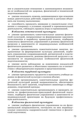 73
ное и уважительное отношение к занимающимся независи-
мо от особенностей их здоровья, физической и технической
подготовленности;
•• умение оказывать помощь занимающимся при освоении
новых двигательных действий, корректно и доступно объяс-
нять им технику выполнения;
•• способность проявлять внимание и уважительное отно-
шение к сопернику в условиях игровой и соревновательной
деятельности, соблюдать правила игры и соревнований.
В области эстетической культуры:
•• умение организовать самостоятельные занятия физиче-
ской культурой, направленные на формирование красивого
телосложения и выработку правильной осанки, подбирать
комплексы физических упражнений и режимы физической
нагрузки в зависимости от индивидуальных особенностей
физического развития;
•• умение организовывать самостоятельные занятия, на-
правленные на формирование культуры движений, подби-
рать упражнения координационной, ритмической и пласти-
ческой направленности, режимы физической нагрузки в за-
висимости от индивидуальных особенностей физической
подготовленности;
•• умение вести наблюдение за изменением показателей
физического развития и объективно оценивать их в соответ-
ствии с общепринятыми нормами и представлениями.
В области трудовой культуры:
•• умение преодолевать трудности и выполнять учебные за-
дания по физической культуре в полном объеме;
•• умение организовывать самостоятельные занятия фи­
зической культурой разной направленности, обеспечивать
безо­пасность мест занятий, спортивного инвентаря и обору-
дования, спортивной одежды;
•• умение самостоятельно организовывать и проводить за-
нятия по профессионально-прикладной физической подго-
товке, подбирать физические упражнения в зависимости от
индивидуальной ориентации на будущую профессиональ-
ную деятельность.
В области физической культуры:
•• умение подбирать физические упражнения по их функ-
циональной направленности, составлять из них индивиду-
альные комплексы оздоровительной гимнастики и физиче-
ской подготовки;
 
