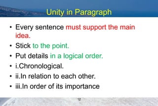 Unity in Paragraph
• Every sentence must support the main
idea.
• Stick to the point.
• Put details in a logical order.
• i.Chronological.
• ii.In relation to each other.
• iii.In order of its importance
12
 