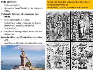 Trade-Commerce
• Exchange system,
• Demand of Yavan/Greek girls for mistress in
trade.
Philosophy-Religious (Greeks copied from
India)-
• Spread of Buddhism in West,
• Following of Indian religion by the Greeks
(Menander- Buddhist; Heliodorus-
Vaishnavism),
• Creation of iconography of Indian God and
Goddesses,
Art and Architecture (Greek influenced Indian
Art) –
• An influence of Indian art and architecture,
Greek god Zeus, the Indian deities have been
variously identified as
the Buddha, Vishnu, Vasudeva or Balarama
 
