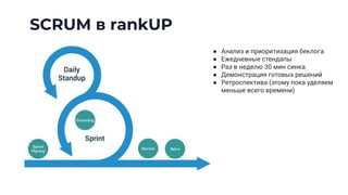 SCRUM в rankUP
● Анализ и приоритизация беклога
● Ежедневные стендапы
● Раз в неделю 30 мин синка
● Демонстрация готовых решений
● Ретроспектива (этому пока уделяем
меньше всего времени)
 