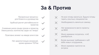 За & Против
Прозрачные процессы:
для Клиента и руководства
Удобный расчет рентабельности
проектов
Снижение риска срыва сроков и проектов
Уменьшилось количество задач на “вчера”
Позитивно влияет на имидж агентства
Нет дорогостоящих вложений,
кроме времени ТОПов
Не все готовы меняться. Будьте готовы
терять опытных специалистов
Необходимость меняться самому.
Нет возможности вести проекты
за $500
Много времени потратили, чтоб
разобраться.
Более высокие требования к soft
skills новых сотрудников.
Много времени тратится на
встречи
 