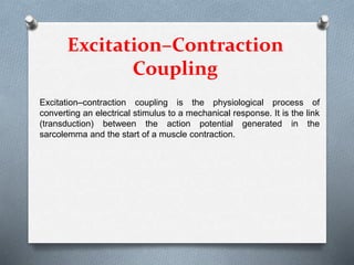 Excitation–Contraction
Coupling
Excitation–contraction coupling is the physiological process of
converting an electrical stimulus to a mechanical response. It is the link
(transduction) between the action potential generated in the
sarcolemma and the start of a muscle contraction.
 
