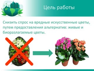 Снизить спрос на вредные искусственные цветы,
путем предоставления альтернатив: живые и
биоразлагаемые цветы.
Цель работы
 