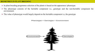BIOMETRICS IN PLANT BREEDING
 In plant breeding progrmmes selection of the plants is based on the appearance/ phenotype.
 The phenotype consists of the heritable component i.e., genotype and the non-heritable component the
environment.
 The value of phenotype would largely depend on the heritable component i.e, the genotype
 
