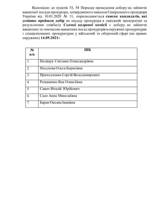 Відповідно до пунктів 53, 54 Порядку проведення добору на зайняття
вакантної посадипрокурора, затвердженого наказом Генера...