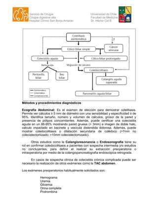 Servicio de Cirugía Universidad de Chile
Cirugía digestiva alta Facultad de Medicina
Hospital Clínico San Borja-Arriarán Dr. Héctor Cid B.
Métodos y procedimientos diagnósticos
Ecografía Abdominal: Es el examen de elección para demostrar colelitiasis.
Permite ver cálculos ≥ 5 mm de diámetro con una sensibilidad y especificidad ≥ de
95%. Identifica tamaño, número y volumen de cálculos, grosor de la pared y
presencia de pólipos concomitantes. Además, puede certificar una colecistitis
aguda en un 86-95% mostrando pared gruesa (> 3mm) e imagen de doble halo,
calculo impactado en bacinete y vesícula distendida dolorosa. Además, puede
mostrar coledocolitiasis o dilatación secundaria de colédoco (>7mm no
colecistectomizado; >10mm colecistectomizado).
Otros estudios como la Colangioresonancia o Endosonografia tiene su
rol en confirmar coledocolitiasis a pacientes con sospecha intermedia y/o estudios
no concluyentes, para definir el realizar su extracción preoperatoria o
intraoperatoria por medio de la colangiopancreatografia endoscópica retrograda.
En casos de sospecha clínica de colecistitis crónica complicada puede ser
necesario la realización de otros exámenes como la TAC abdomen.
Los exámenes preoperatorios habitualmente solicitados son:
Hemograma
Uremia
Glicemia
Orina completa
Protrombina
 