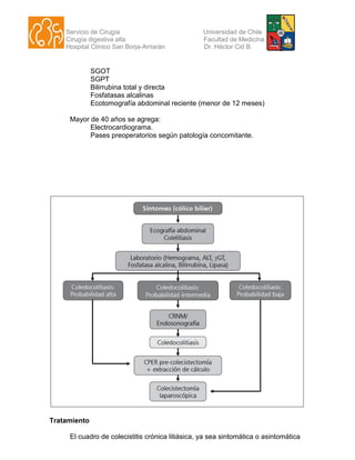 Servicio de Cirugía Universidad de Chile
Cirugía digestiva alta Facultad de Medicina
Hospital Clínico San Borja-Arriarán Dr. Héctor Cid B.
SGOT
SGPT
Bilirrubina total y directa
Fosfatasas alcalinas
Ecotomografía abdominal reciente (menor de 12 meses)
Mayor de 40 años se agrega:
Electrocardiograma.
Pases preoperatorios según patología concomitante.
Tratamiento
El cuadro de colecistitis crónica litiásica, ya sea sintomática o asintomática
 