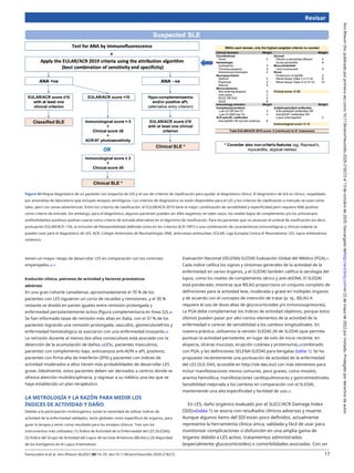 Revisar
Figura 4Enfoque diagnóstico de un paciente con sospecha de LES y el uso de criterios de clasificación para ayudar al diagnóstico clínico. El diagnóstico de SLE es clínico, respaldado
por anomalías de laboratorio que incluyen ensayos serológicos. Los criterios de diagnóstico no están disponibles para el LES y los criterios de clasificación a menudo se usan como
tales, pero con varias advertencias. Entre los criterios de clasificación, el EULAR/ACR-2019 tiene la mejor combinación de sensibilidad y especificidad pero requiere ANA positivo
como criterio de entrada. Sin embargo, para el diagnóstico, algunos pacientes pueden ser ANA negativos; en tales casos, los niveles bajos de complemento y/o los anticuerpos
antifosfolípidos positivos podrían usarse como criterio de entrada alternativo en el algoritmo de clasificación. Para los pacientes que no alcanzan el umbral de clasificación (es decir,
puntuación EULAR/ACR <10), la inclusión de fotosensibilidad (definida como en los criterios ACR-1997) o una combinación de características inmunológicas y clínicas todavía se
pueden usar para el diagnóstico de LES. ACR, Colegio Americano de Reumatología; ANA, anticuerpo antinuclear; EULAR, Liga Europea Contra el Reumatismo; LES, lupus eritematoso
sistémico.
tienen un mayor riesgo de desarrollar LES en comparación con los controles
emparejados.26 27
Evaluación Nacional (SELENA)-SLEDAI Evaluación Global del Médico (PGA).31
Cada índice califica los signos y síntomas generales de la actividad de la
enfermedad en varios órganos, y el SLEDAI también califica la serología del
lupus, como los niveles de complemento sérico y anti-dsDNA. El SLEDAI
está ponderado, mientras que BILAG proporciona un conjunto completo de
definiciones para la actividad leve, moderada y grave en múltiples órganos
y de acuerdo con el concepto de intención de tratar (p. ej., BILAG A
requiere el uso de dosis altas de glucocorticoides y/o inmunosupresores).
La PGA debe complementar los índices de actividad objetivos, porque estos
últimos pueden pasar por alto ciertos elementos de la actividad de la
enfermedad o carecer de sensibilidad a los cambios longitudinales. En
nuestra práctica, utilizamos la versión SLEDAI-2K de SLEDAI (que permite
puntuar la actividad persistente, en lugar de solo de inicio reciente, en
alopecia, úlceras mucosas, erupción cutánea y proteinuria),32combinado
con PGA, y las definiciones SELENA-SLEDAI para bengalas (tabla 1). Se ha
propuesto recientemente una puntuación de actividad de la enfermedad
del LES (SLE-DAS; accesible en http://sle-das.eu/) con más elementos para
incluir manifestaciones menos comunes, pero graves, como miositis,
anemia hemolítica, manifestaciones cardiopulmonares y gastrointestinales.
Sensibilidad mejorada a los cambios en comparación con el SLEDAI,
manteniendo una alta especificidad y facilidad de uso.33
En LES, daño orgánico evaluado por el SLICC/ACR Damage Index
(SDI)34(tabla 1) se asocia con resultados clínicos adversos y muerte.
Aunque algunos ítems del SDI están poco definidos, actualmente
representa la herramienta clínica única, validada y fácil de usar para
monitorear complicaciones o disfunción en una amplia gama de
órganos debido a LES activo, tratamientos administrados
(especialmente glucocorticoides) o comorbilidades asociadas. Con un
Evolución clínica, patrones de actividad y factores pronósticos
adversos
En una gran cohorte canadiense, aproximadamente el 70 % de los
pacientes con LES siguieron un curso de recaídas y remisiones, y el 30 %
restante se dividió en partes iguales entre remisión prolongada y
enfermedad persistentemente activa (figura complementaria en línea S2).28
Se han informado tasas de remisión más altas en Italia, con el 37 % de los
pacientes logrando una remisión prolongada; vasculitis, glomerulonefritis y
enfermedad hematológica se asociaron con una enfermedad incesante.29
La remisión durante al menos dos años consecutivos está asociada con la
detención de la acumulación de daños.30LESc, pacientes masculinos,
pacientes con complemento bajo, anticuerpos anti-ADN o aPL positivos,
pacientes con firma alta de interferón (IFN) y pacientes con índices de
actividad moderados a altos tienen más probabilidades de desarrollar LES
grave.1Idealmente, estos pacientes deben ser derivados a centros donde se
ofrezca atención multidisciplinaria, y regresar a su médico una vez que se
haya establecido un plan terapéutico.
LA METROLOGÍA Y LA RAZÓN PARA MEDIR LOS
ÍNDICES DE ACTIVIDAD Y DAÑO
Debido a la participación multiorgánica, existe la necesidad de utilizar índices de
actividad de la enfermedad validados, tanto globales como específicos de órganos, para
guiar la terapia y servir como resultado para los ensayos clínicos. Tres son los
instrumentos más utilizados: (1) Índice de Actividad de la Enfermedad del LES (SLEDAI);
(2) Índice del Grupo de Actividad del Lupus de las Islas Británicas (BILAG) y (3) Seguridad
de los Estrógenos en el Lupus Eritematoso
Fanouriakis A,et al. Ann Rheum dis2021;80:14–25. doi:10.1136/annrheumdis-2020-218272 17
Ann
Rheum
Dis:
publicado
por
primera
vez
como
10.1136/annrheumdis-2020-218272
el
13
de
octubre
de
2020.
Descargado
dehttp://ard.bmj.com/el
22
de
mayo
de
2022
por
invitado.
Protegido
por
derechos
de
autor.
 