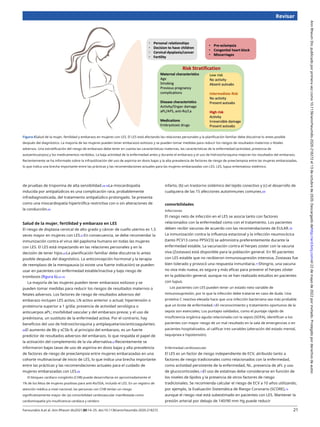 Revisar
Figura 6Salud de la mujer, fertilidad y embarazo en mujeres con LES. El LES está afectando las relaciones personales y la planificación familiar debe discutirse lo antes posible
después del diagnóstico. La mayoría de las mujeres pueden tener embarazos exitosos y se pueden tomar medidas para reducir los riesgos de resultados maternos o fetales
adversos. Una estratificación del riesgo de embarazo debe tener en cuenta las características maternas, las características de la enfermedad (actividad, presencia de
autoanticuerpos) y los medicamentos recibidos. La baja actividad de la enfermedad antes y durante el embarazo y el uso de hidroxicloroquina mejoran los resultados del embarazo.
Recientemente se ha informado sobre la infrautilización del uso de aspirina en dosis bajas y la alta prevalencia de factores de riesgo de preeclampsia entre las mujeres embarazadas,
lo que indica una brecha importante entre las prácticas y las recomendaciones actuales para las mujeres embarazadas con LES. LES, lupus eritematoso sistémico.
de pruebas de troponina de alta sensibilidad.58 59La miocardiopatía
inducida por antipalúdicos es una complicación rara, probablemente
infradiagnosticada, del tratamiento antipalúdico prolongado. Se presenta
como una miocardiopatía hipertrófica restrictiva con o sin alteraciones de
la conducción.60
infarto, (b) un trastorno sistémico del tejido conectivo y (c) el desarrollo de
cualquiera de las 15 afecciones autoinmunes comunes.69
comorbilidades
Infecciones
El riesgo neto de infección en el LES se asocia tanto con factores
relacionados con la enfermedad como con el tratamiento. Los pacientes
deben recibir vacunas de acuerdo con las recomendaciones de EULAR.70
La inmunización contra la influenza estacional y la infección neumocócica
(tanto PCV13 como PPSV23) se administra preferentemente durante la
enfermedad estable. La vacunación contra el herpes zoster con la vacuna
viva (Zostavax) está disponible para la población general. En 90 pacientes
con LES estable que no recibieron inmunosupresión intensiva, Zostavax fue
bien tolerado y provocó una respuesta inmunitaria.71Shingrix, una vacuna
no viva más nueva, es segura y más eficaz para prevenir el herpes zóster
en la población general, aunque no se han realizado estudios en pacientes
con lupus.
Los pacientes con LES pueden tener un estado neto variable de
inmunosupresión, por lo que la infección debe tratarse en caso de duda. Una
proteína C reactiva elevada hace que una infección bacteriana sea más probable
que un brote de enfermedad.72El reconocimiento y tratamiento oportunos de la
sepsis son esenciales; Los puntajes validados, como el puntaje rápido de
insuficiencia orgánica aguda relacionada con la sepsis (SOFA), identifican a los
pacientes con mayor riesgo de un mal resultado en la sala de emergencias o en
pacientes hospitalizados, al calificar tres variables (alteración del estado mental,
taquipnea e hipotensión).
Salud de la mujer, fertilidad y embarazo en LES
El riesgo de displasia cervical de alto grado y cáncer de cuello uterino es 1,5
veces mayor en mujeres con LES.61En consecuencia, se debe recomendar la
inmunización contra el virus del papiloma humano en todas las mujeres
con LES. El LES está impactando en las relaciones personales y en la
decisión de tener hijos.62La planificación familiar debe discutirse lo antes
posible después del diagnóstico. La anticoncepción hormonal y la terapia
de reemplazo de la menopausia (si existe una fuerte indicación) se pueden
usar en pacientes con enfermedad estable/inactiva y bajo riesgo de
trombosis (figura 6).63–65
La mayoría de las mujeres pueden tener embarazos exitosos y se
pueden tomar medidas para reducir los riesgos de resultados maternos o
fetales adversos. Los factores de riesgo de resultados adversos del
embarazo incluyen LES activo; LN activo anterior o actual; hipertensión o
proteinuria superior a 1 g/día; presencia de actividad serológica o
anticuerpos aPL; morbilidad vascular y del embarazo previa; y el uso de
prednisona, un sustituto de la enfermedad activa. Por el contrario, hay
beneficios del uso de hidroxicloroquina y antiplaquetarios/anticoagulantes.
66El aumento de Bb y sC5b-9, al principio del embarazo, es un fuerte
predictor de resultados adversos del embarazo, lo que respalda el papel de
la activación del complemento de la vía alternativa.67Recientemente se
informaron bajas tasas de uso de aspirina en dosis bajas y alta prevalencia
de factores de riesgo de preeclampsia entre mujeres embarazadas en una
cohorte multinacional de inicio de LES, lo que indica una brecha importante
entre las prácticas y las recomendaciones actuales para el cuidado de
mujeres embarazadas con LES.68
El bloqueo cardíaco congénito (CHB) puede desarrollarse en aproximadamente el
1% de los fetos de mujeres positivas para anti-Ro/SSA, incluido el LES. En un registro de
atención médica a nivel nacional, las personas con CHB tenían un riesgo
significativamente mayor de: (a) comorbilidad cardiovascular manifestada como
cardiomiopatía y/o insuficiencia cardíaca y cerebro
Enfermedad cardiovascular
El LES es un factor de riesgo independiente de ECV, atribuido tanto a
factores de riesgo tradicionales como relacionados con la enfermedad,
como actividad persistente de la enfermedad, NL, presencia de aFL y uso
de glucocorticoides.73El uso de estatinas debe considerarse en función de
los niveles de lípidos y la presencia de otros factores de riesgo
tradicionales. Se recomienda calcular el riesgo de ECV a 10 años utilizando,
por ejemplo, la Evaluación Sistemática de Riesgo Coronario (SCORE),74
aunque el riesgo real está subestimado en pacientes con LES. Mantener la
presión arterial por debajo de 140/90 mm Hg puede reducir
Fanouriakis A,et al. Ann Rheum dis2021;80:14–25. doi:10.1136/annrheumdis-2020-218272 21
Ann
Rheum
Dis:
publicado
por
primera
vez
como
10.1136/annrheumdis-2020-218272
el
13
de
octubre
de
2020.
Descargado
dehttp://ard.bmj.com/el
22
de
mayo
de
2022
por
invitado.
Protegido
por
derechos
de
autor.
 