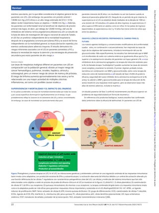 Revisar
eventos vasculares, por lo que debe considerarse el objetivo general de los
pacientes con LES.75Sin embargo, los pacientes con presión arterial >
130/80 mm Hg y ECV clínica o un alto riesgo estimado de ECV (> 10 %)
deben recibir tratamiento hasta un objetivo < 130/80 mm Hg.76 77Además,
los pacientes con enfermedad renal se benefician de objetivos de presión
arterial más bajos, es decir, por debajo de 120/80 mmHg y del uso de
inhibidores del sistema renina-angiotensina-aldosterona.44En un estudio de
la base de datos de investigación del seguro nacional de salud de Taiwán,
el LES fue un predictor independiente de la mortalidad hospitalaria
después de la angioplastia coronaria percutánea (PCI) y se asoció de forma
independiente con la mortalidad general, la revascularización repetida y los
eventos cardiovasculares adversos mayores. El estudio demuestra los
riesgos inherentes asociados con el LES en pacientes sometidos a PCI y
destaca la necesidad de mejorar la atención y las estrategias de prevención
secundaria para estos pacientes de alto riesgo.78
pacientes menores de 40 años. Los resultados no son tan buenos cuando se
observa el panorama global del LES. Después de un período de gran mejoría, la
supervivencia en el LES se estabilizó desde mediados de la década de 1990 en
una revisión de 125 estudios.81En países de altos ingresos, la supervivencia a 5
años supera el 95% tanto en adultos como en niños. En los países de ingresos
bajos/medios, la supervivencia a los 5 y 10 años fue menor entre los niños que
entre los adultos.81
ENSAYOS CLÍNICOS RECIENTES: PREPARANDO EL CAMINO PARA EL
FUTURO
Los nuevos agentes biológicos y convencionales modificadores de la enfermedad
usados solos, en combinación o secuencialmente, han mejorado las tasas de
logro de los objetivos del tratamiento, incluida la minimización del uso de
glucocorticoides. Más específicamente, los estudios han demostrado que el MMF
o el micofenolato de sodio con cubierta entérica es igualmente eficaz que la CY y
superior a la azatioprina en estudios de pacientes con lupus general o NL.34 82Los
inhibidores de la calcineurina agregados a la terapia de inducción estándar para
la NL (la llamada terapia "multiobjetivo") pueden aumentar las tasas de remisión
renal completa y mantener la remisión. El primer régimen probado incluía
tacrolimus en combinación con MMF y glucocorticoides, tanto como terapia de
inducción como de mantenimiento.83 84El estudio de fase 2 AURA-LN probó la
eficacia y seguridad del nuevo inhibidor de la calcineurina voclosporina en la NL
activa. Su adición a MMF y glucocorticoides para la terapia de inducción de NL
activa resultó en una respuesta renal superior, pero se observaron tasas más
altas de eventos adversos, incluida la muerte.85
Un estudio posterior de fase 3 confirmó recientemente una eficacia superior sin
problemas de seguridad (todavía en forma de resumen).86
En referencia a los productos biológicos, nuevos estudios han confirmado
datos anteriores sobre la eficacia de belimumab. En pacientes con LES de
Neoplasias malignas
Las tasas de neoplasias malignas difieren en pacientes con LES en
comparación con la población general.79Existe un mayor riesgo de
cáncer hematológico, pulmonar, tiroideo, hepático, cervical y
vulvovaginal, pero un menor riesgo de cáncer de mama y de próstata.
El riesgo de linfoma aumenta aproximadamente tres veces y se ha
relacionado con una mayor actividad de múltiples citocinas
inflamatorias, así como con posibles causas virales.80
SUPERVIVENCIA Y MORTALIDAD Y EL IMPACTO DEL INGRESO
En los países occidentales, las tasas de mortalidad estandarizadas por todas las causas
y por causas específicas disminuyeron significativamente con el tiempo, lo que
probablemente refleja los avances en el tratamiento del LES y ciertas comorbilidades.
Sin embargo, las tasas de mortalidad son particularmente altas para
Figura 7Patogénesis y nuevas terapias en LES. En el LES, las interacciones genéticas y ambientales culminan en una regulación anómala de las respuestas inmunitarias
tanto innata como adaptativa, con producción excesiva de IFN-α y autoanticuerpos. La activación aberrante de linfocitos debida a un umbral de activación alterado y/o
una función defectuosa de las células T reguladoras son características patogenéticas clave del LES. Las células y moléculas del sistema inmunitario que han sido
seleccionadas como objetivo o están en proceso de prueba de eficacia clínica en el LES se muestran en la figura: (1) célula B (1; 2) célula plasmática; (3) coestimulación
de células B-T; (4) IFN o sus receptores; (5) quinasas intracelulares; (6) citocinas o sus receptores. La terapia combinada dirigida tanto a la respuesta inmunitaria innata
como a la adaptativa puede ser más eficaz para garantizar respuestas clínicas importantes y sostenidas en el LES.Biodrogas2020;34:133–147. APRIL, un ligando
inductor de proliferación; BAFF, factor activador de células B; BTK, tirosina quinasa de Bruton; CD, grupo de diferenciación; ICOS, coestimulador de células T inducible;
ICOSL, ligando de ICOS; IFN, interferón; IL, interleucina; JAK, Janus quinasa; PC, célula plasmática; pDC, célula dendrítica plasmacitoide; LES, lupus eritematoso
sistémico; STAT, transductor de señales y activador de la transcripción; TACI, activador transmembrana e interactor CAML.
22 Fanouriakis A,et al. Ann Rheum dis2021;80:14–25. doi:10.1136/annrheumdis-2020-218272
Ann
Rheum
Dis:
publicado
por
primera
vez
como
10.1136/annrheumdis-2020-218272
el
13
de
octubre
de
2020.
Descargado
dehttp://ard.bmj.com/el
22
de
mayo
de
2022
por
invitado.
Protegido
por
derechos
de
autor.
 