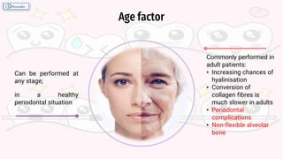 Age factor
Commonly performed in
adult patients:
• Increasing chances of
hyalinisation
• Conversion of
collagen fibres is
much slower in adults
• Periodontal
complications
• Non-flexible alveolar
bone
Can be performed at
any stage;
in a healthy
periodontal situation
 