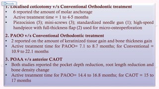 1. Localised coticotomy v/s Conventional Orthodontic treatment
• 6 reported the amount of molar anchorage
• Active treatment time = 1 to 4-5 months
• Piezocision (5); mini-screws (3); standardized needle gun (1); high-speed
handpiece with full-thickness flap (2) used for micro-osteoperforation
2. PAOO v/s Conventional Orthodontic treatment
• 2 reported on the amount of keratinized tissue gain and bone thickness gain
• Active treatment time for PAOO= 7.1 to 8.7 months; for Conventional =
10.9 to 22.1 months
3. POAA v/s anterior CAOT
• Both studies reported the pocket depth reduction, root length reduction and
bone density change
• Active treatment time for PAOO= 14.4 to 16.8 months; for CAOT = 15 to
17 months
 