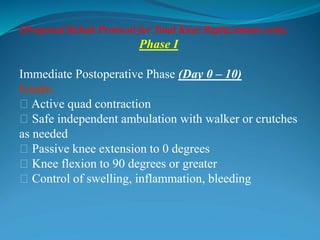 (Proposed Rehab Protocol for Total Knee Replacement cont).
Phase I
Immediate Postoperative Phase (Day 0 – 10)
Goals:
􀂃 Active quad contraction
􀂃 Safe independent ambulation with walker or crutches
as needed
􀂃 Passive knee extension to 0 degrees
􀂃 Knee flexion to 90 degrees or greater
􀂃 Control of swelling, inflammation, bleeding
 
