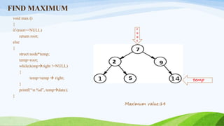 FIND MAXIMUM
void max ()
{
if (root==NULL)
return root;
else
{
struct node*temp;
temp=root;
while(tempright !=NULL)
{
temp=temp  right;
}
printf(“n %d”, tempdata);
}
r
o
o
t
Maximum value:14
temp
 