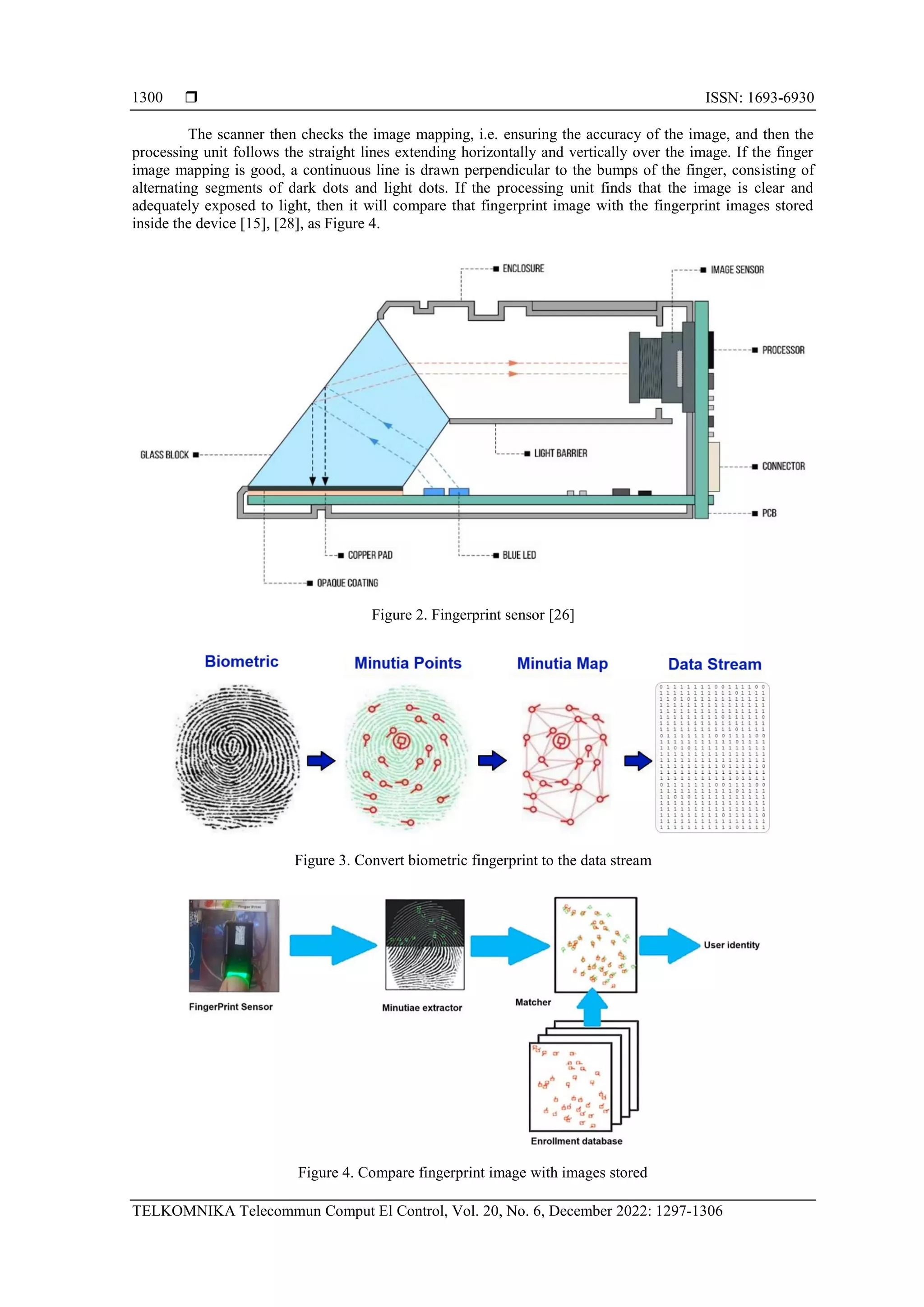  ISSN: 1693-6930
TELKOMNIKA Telecommun Comput El Control, Vol. 20, No. 6, December 2022: 1297-1306
1300
The scanner then checks the image mapping, i.e. ensuring the accuracy of the image, and then the
processing unit follows the straight lines extending horizontally and vertically over the image. If the finger
image mapping is good, a continuous line is drawn perpendicular to the bumps of the finger, consisting of
alternating segments of dark dots and light dots. If the processing unit finds that the image is clear and
adequately exposed to light, then it will compare that fingerprint image with the fingerprint images stored
inside the device [15], [28], as Figure 4.
Figure 2. Fingerprint sensor [26]
Figure 3. Convert biometric fingerprint to the data stream
Figure 4. Compare fingerprint image with images stored
 