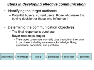 Steps in developing effective communication
• Identifying the target audiance
– Potential buyers, current users, those who make the
buying decision or those who influence it
• Determinig the communication objectives
– The final response is purchase
– Buyer-readiness stages
• The stages consumers normally pass through on their wau
to purchase, including awareness, knowledge, liking,
preference, conviction, and purchase
awareness knowledge liking preference conviction purchase
 