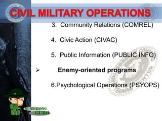 3. Community Relations (COMREL)
4. Civic Action (CIVAC)
5. Public Information (PUBLIC INFO)
 Enemy-oriented programs
6.Ps...