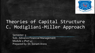 Theories of Capital Structure
C. Modigliani-Miller Approach
Semester: 5
Sub.: Advance Financial Management
Module 2 (Part 4)
Prepared by: Dr. Sonam Arora
 