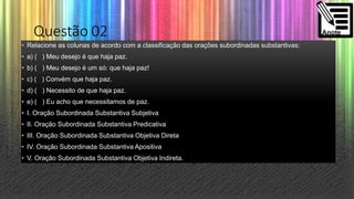 Questão 02
• Relacione as colunas de acordo com a classificação das orações subordinadas substantivas:
• a) ( ) Meu desejo é que haja paz.
• b) ( ) Meu desejo é um só: que haja paz!
• c) ( ) Convém que haja paz.
• d) ( ) Necessito de que haja paz.
• e) ( ) Eu acho que necessitamos de paz.
• I. Oração Subordinada Substantiva Subjetiva
• II. Oração Subordinada Substantiva Predicativa
• III. Oração Subordinada Substantiva Objetiva Direta
• IV. Oração Subordinada Substantiva Apositiva
• V. Oração Subordinada Substantiva Objetiva Indireta.
 