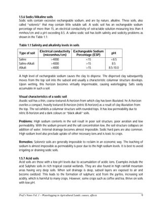 ______________________________________________________________________________
Prof’s Notes Vol. 1 – Waterlogging in Agricultural Lands; causes, effects 9
1.5.6 Sodic/Alkaline soils
Sodic soils contain excessive exchangeable sodium, and are by nature, alkaline. These soils, also
called “solonetz” that may contain little soluble salt. A sodic soil has an exchangeable sodium
percentage of more than 15, an electrical conductivity of extractable solution measuring less than 4
mmhos/cm and a pH exceeding 8.5. A saline-sodic soil has both salinity and sodicity problems as
shown in the Table 1.1:
Table 1.1 Salinity and alkalinity levels in soils
Type of soil
Electrical conductivity
(micromhos/cm)
Exchangeable Sodium
Percentage (ESP)
pH
Saline
Saline-Alkali
Alkali
>4000
>4000
<4000
<15
>15
>15
<8.5
8.5
8.5-10.0
A high level of exchangeable sodium causes the clay to disperse. The dispersed clay subsequently
moves from the top soil into the subsoil and usually a characteristic columnar structure develops.
Upon wetting, this horizon becomes virtually impermeable, causing waterlogging. Salts easily
accumulate in such a soil.
Visual characteristics of a sodic soil
Asodic soil has a thin, coarse-textured A-horizon from which clay has been illuviated. he A-horizon
overlies a compact, heavily textured B-horizon (nitric B-horizon) as a result of clay illuviation from
the top. The sol exhibits a columnar structure with rounded tops. It has low permeability due to
nitric B-horizon and a dark colours or “black alkali” soils.
Problems: High sodium contents in the soil result in poor soil structure, poor aeration and low
permeability. With the sodium present and the salt concentration low, the soil structure collapses on
addition of water. Internal drainage becomes almost impossible. Sodic hard pans are also common.
High sodium level also preclude uptake of other necessary ions and is toxic to crops.
Remedies: Solonetz soils are generally impossible to reclaim in an economic way. The leaching of
sodium is almost impossible as permeability is poor due to the high sodium levels. It is best to avoid
irrigating or draining sodic soils.
1.5.7 Acid soils
Acid soils are those with a low pH levels due to accumulation of acidic ions. Examples include the
acid Sulphate soils in rich tropical coastal wetlands. They are also found in high rainfall mountain
areas having very deep soils. When soil drainage is deep, subsoil layers are exposed to air and
become oxidized. This leads to the formation of sulphuric acid from the pyrites, increasing soil
acidity, which is harmful to many crops. However, some crops such as coffee and tea, thrive on soils
with low pH.
 