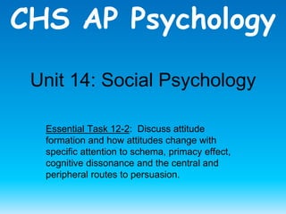 Unit 14: Social Psychology
Essential Task 12-2: Discuss attitude
formation and how attitudes change with
specific attention to schema, primacy effect,
cognitive dissonance and the central and
peripheral routes to persuasion.
CHS AP Psychology
 